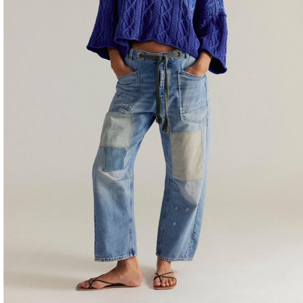 We The Free Light Wash Patchwork Wide Leg Jeans